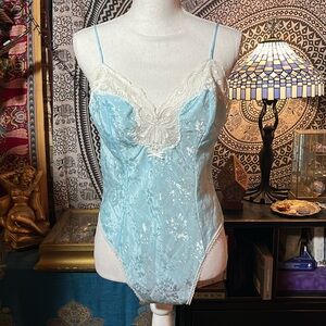 Flirty Teddy Baby Blue Creamy Lace Coquette Vintage Bust Size 36” 80’s